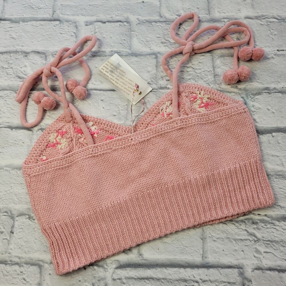 NWT LoveShackFancy Lago Little Bow Pink Wool-blend Crop Sweater size Large - Picture 3 of 16